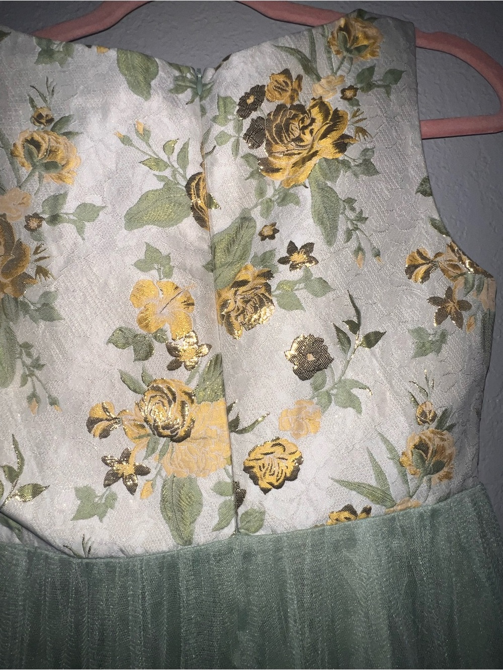 Sage Green Tiered Tulle Floral Jaquard Midi Dress Size M - Picture 7 of 8